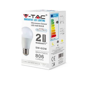 LED крушка 9W E27 6400K микровълнов сензор VT-2219 V-TAC | AVStore