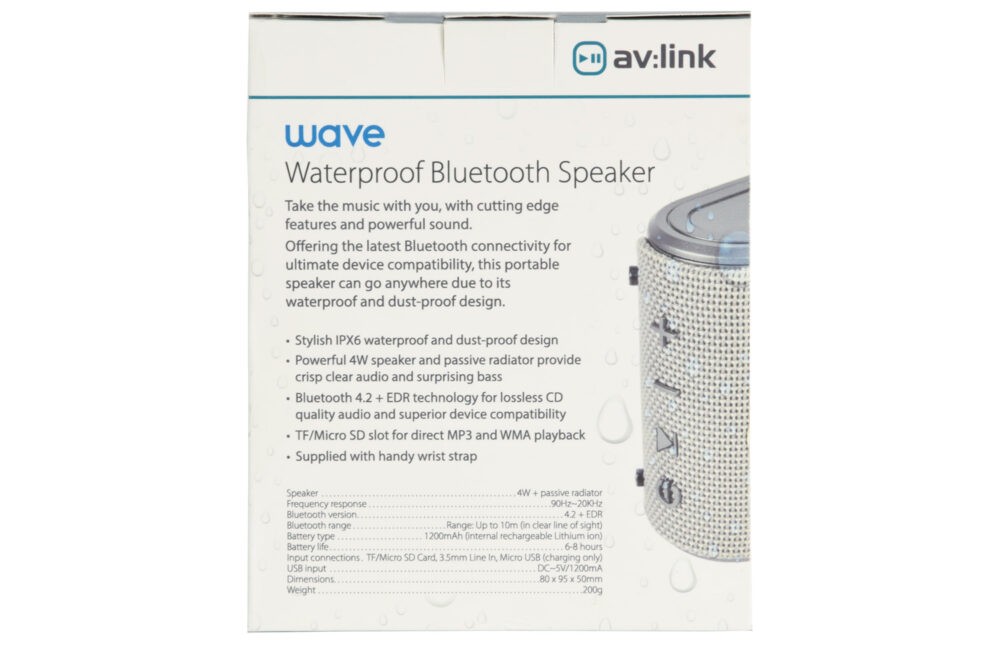 100618UK_PS2 Водоустойчива Bluetooth преносима тонколонка AV:LINK Wave с вградена батерия, сива | AVStore