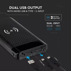 Външна батерия с безжично зареждане Power Bank USB C, Micro USB 20000 mAh VT-3508 V-TAC черна | AVStore