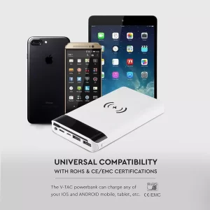 Външна батерия с безжично зареждане Power Bank USB C, Micro USB 20000 mAh VT-3508 V-TAC бяла | AVStore