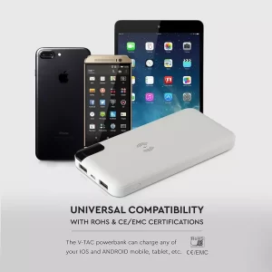 Външна батерия с безжично зареждане Power Bank 8000 mAh + зарядна станция, бяла, VT-3509 V-TAC | AVStore