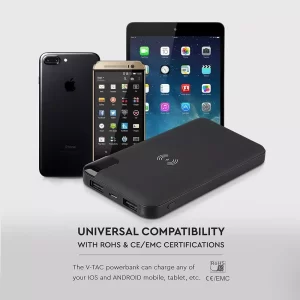 Външна батерия с безжично зареждане Power Bank 8000 mAh + зарядна станция, черна, VT-3509 V-TAC | AVStore