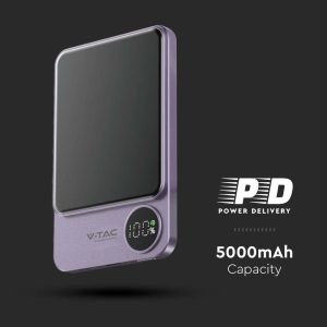 Външна батерия с безжично зареждане V-TAC 5000mAh Wireless Fast Charge 15W, лилава | AVStore