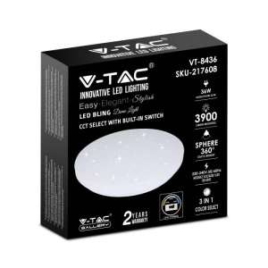 LED плафон кръгъл/блестящ 36W 3в1 VT-8436 V-TAC бял | AVStore