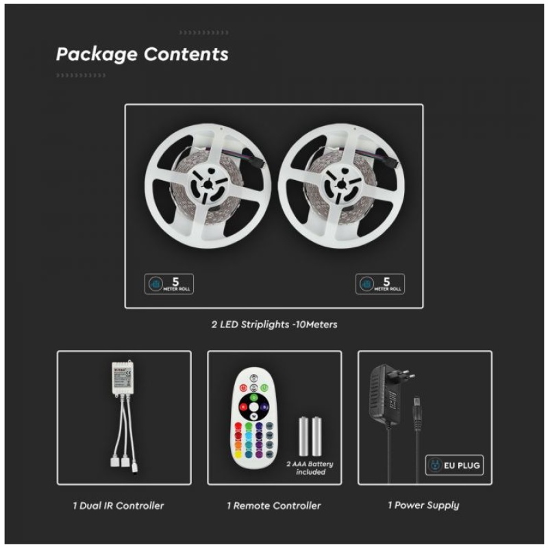 LED лента комплект 4.8/M RGB IP20 VT-5050-300 V-TAC 2 ролки по 5 метра | AVStore